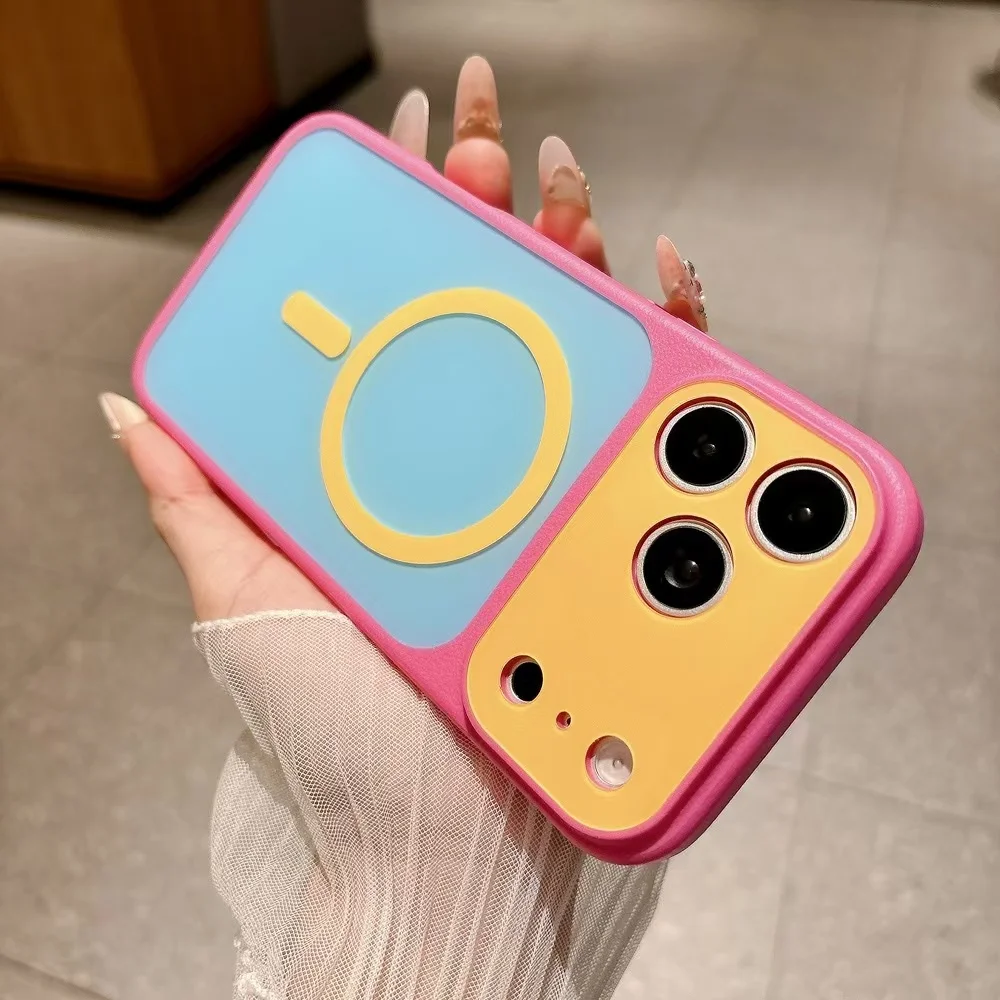 Vibrant Color Block Shockproof Phone Case with Magnetic Charging Compatibility