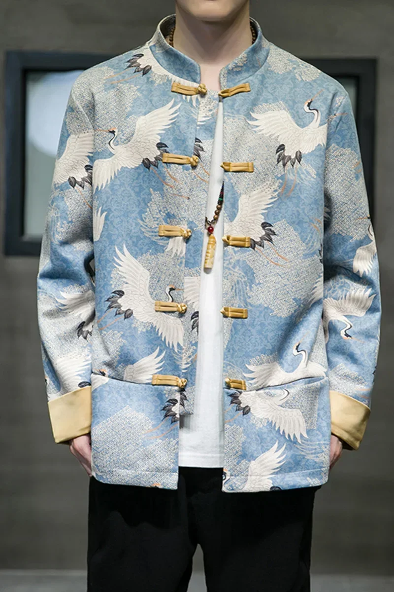 Chinese Style Men's Jacket Suede Fabric Long Sleeve Stand Collar Embroidered Buckle Tang Suit Improved Hanfu Autumn Coat Clothes