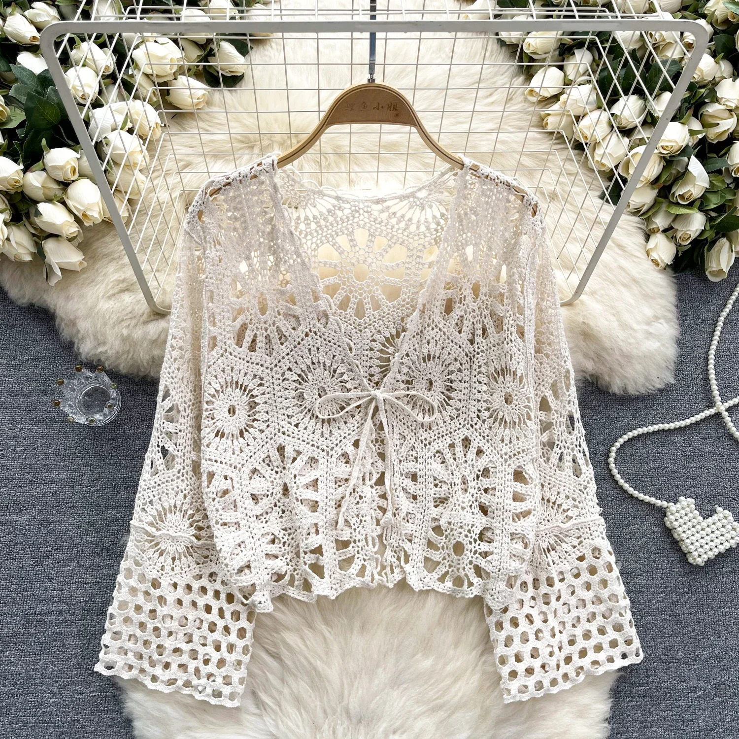 2025 New Korean Gentle Cardigan Knitting T-Shirt Ladies V-Neck Hook Flower Hollow Out Lace up Basic Casual Sun-proof Shirt