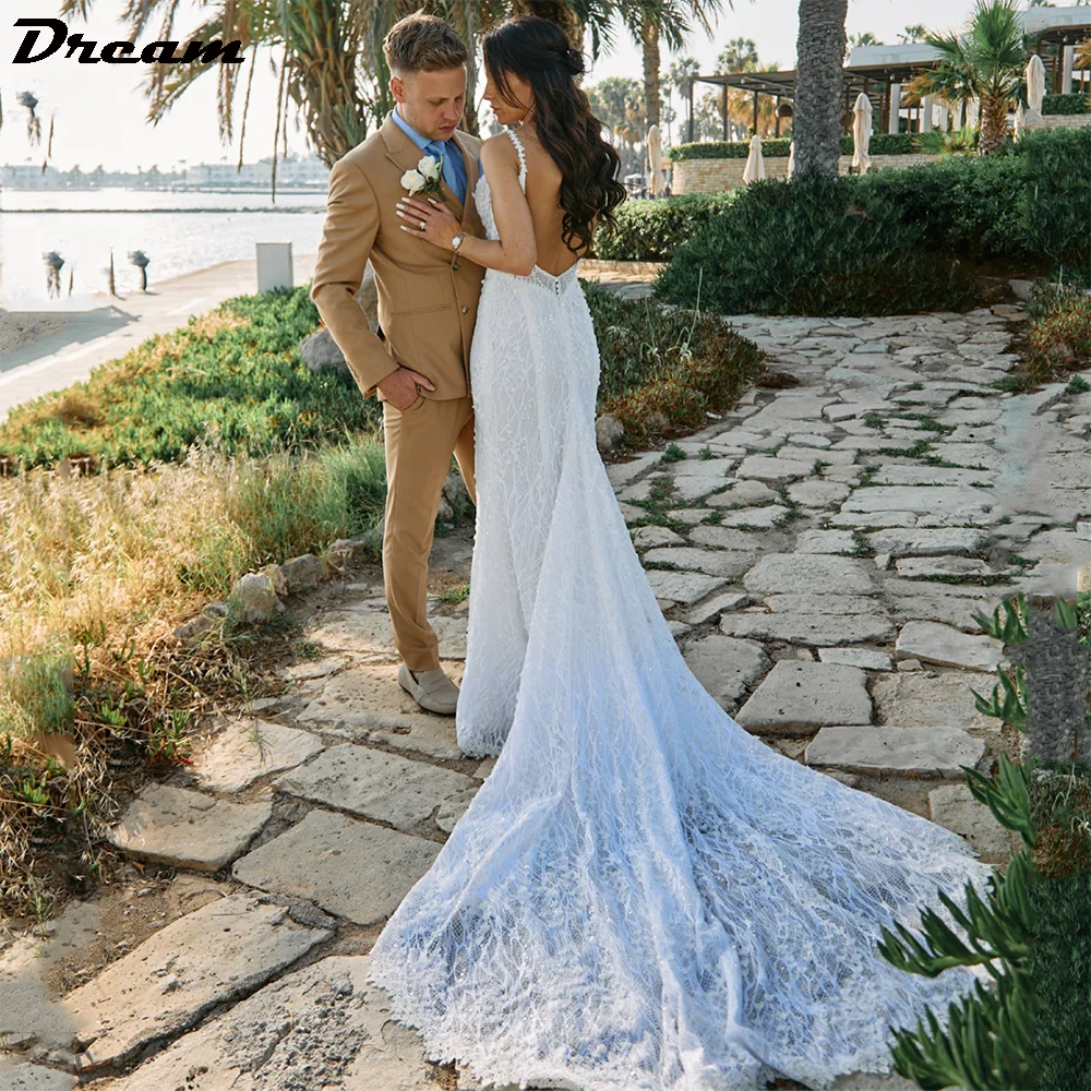 

DREAM Gorgeous Spaghetti Straps Lace Mermaid Wedding Dresses Sleeveless Backless Bride Dress 3D Flowers Custom Wedding Gown