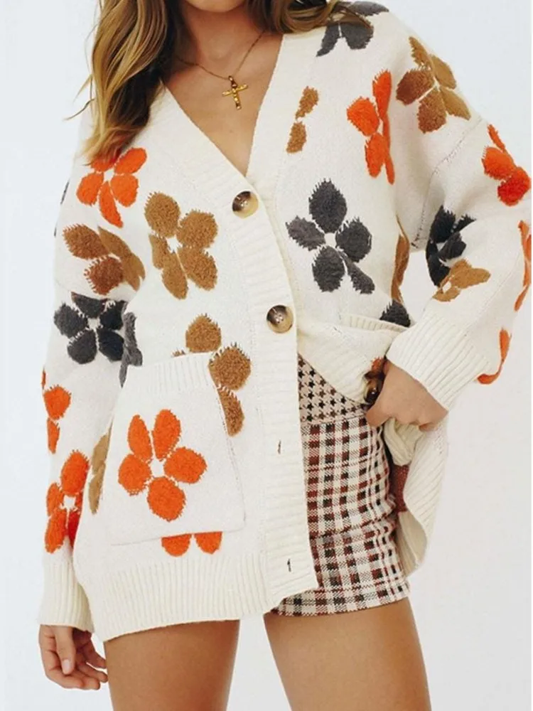 

RDMQ 2023 Flower Knit Cardigan Sweater Women Casual Long Sleeve Single Breasted Pocket Cardigans Lady Vintage Street Sweaters