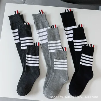 Zhuji High-Tube Socks with Four Stripes over Knee Length Long Tube Socks Trendy INS Mid-Calf Socks with Cloth Labels