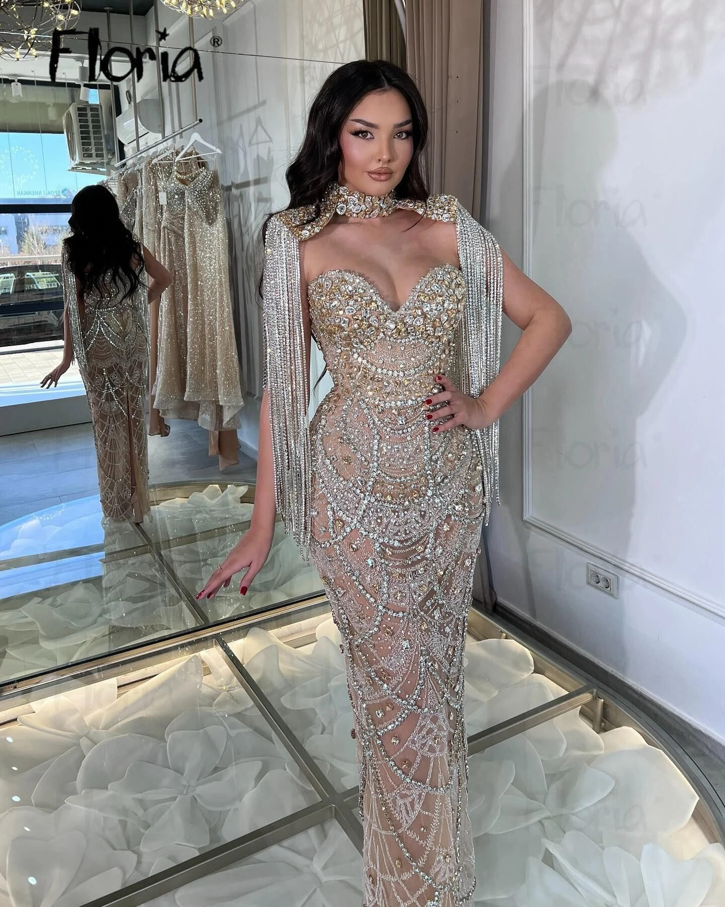 Glitter Tassel Shoulder Evening Dress Gold Champagne Wedding