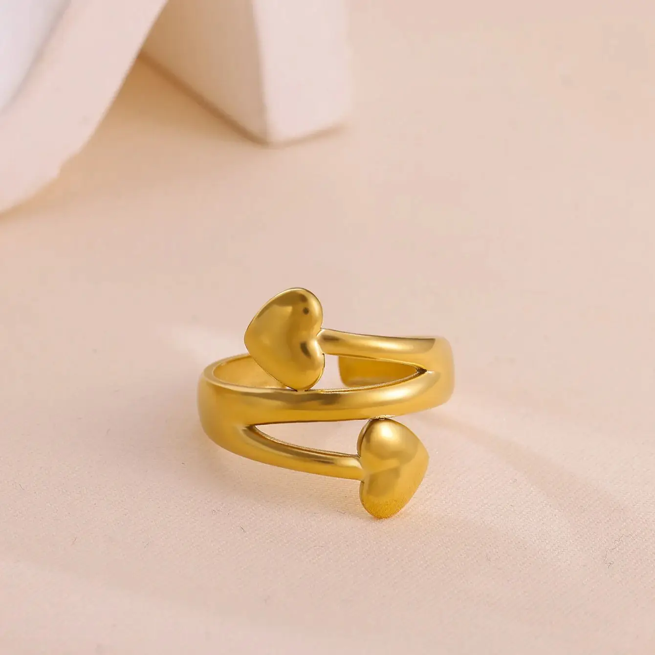 Heart Arrow Rings for Women Gold Stainless Steel Double Heart Adjustable Ring