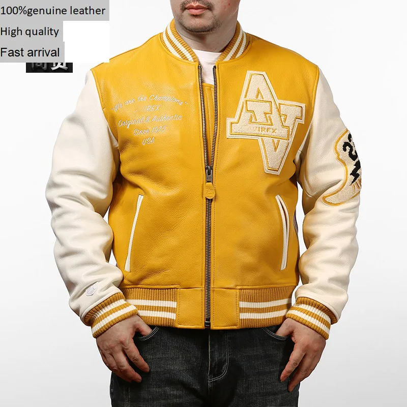 

Fat plus size first layer cattle 100% genuine leather baseball jacket men's casual sports wide stand collar