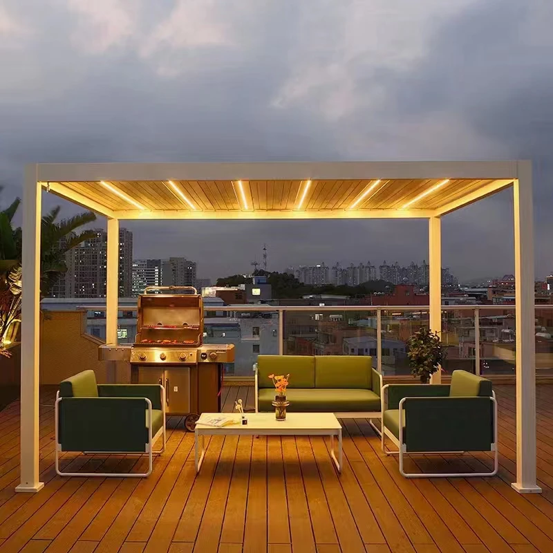 

Outdoor Pergola Aluminum Motorized Bioclimatic Gazebo Patio Cover Louvered Roof Pergola Kits With WPC Decking
