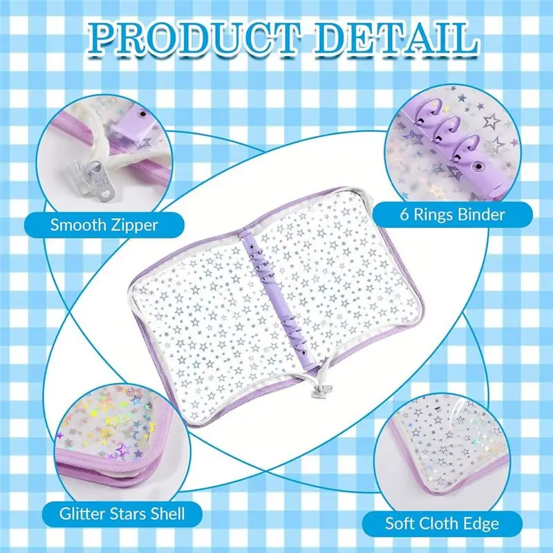SB-A5 지퍼가 달린 예산 바인더 커버, 글리터 스타즈 A5 6링 바인더 플래너, 투명 PVC 리필 가능 노트북 쉘 라이트 블루 듀라
