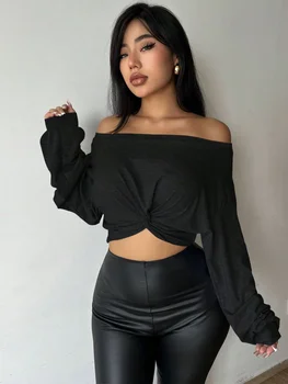Women's Off-Shoulder One-Shoulder Collar Front-Tie Short Top 1