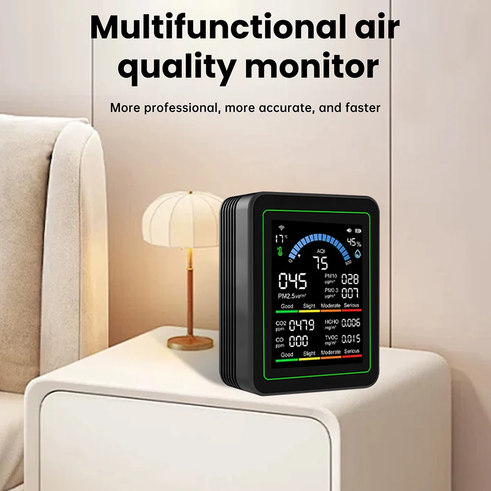 10 in 1 Air Quality Detector PM2.5 PM10 Particle Counter CO CO2 TVOC HCHO Temperature Humidity AQI Tester with Alarm