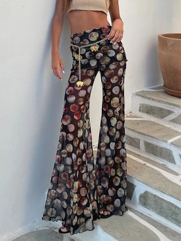 Mozision Mesh Leopard Print Trousers Woman Fashion High Waist Print Wide Leg Pants Female Elegant Printed Long Pants Bottoms