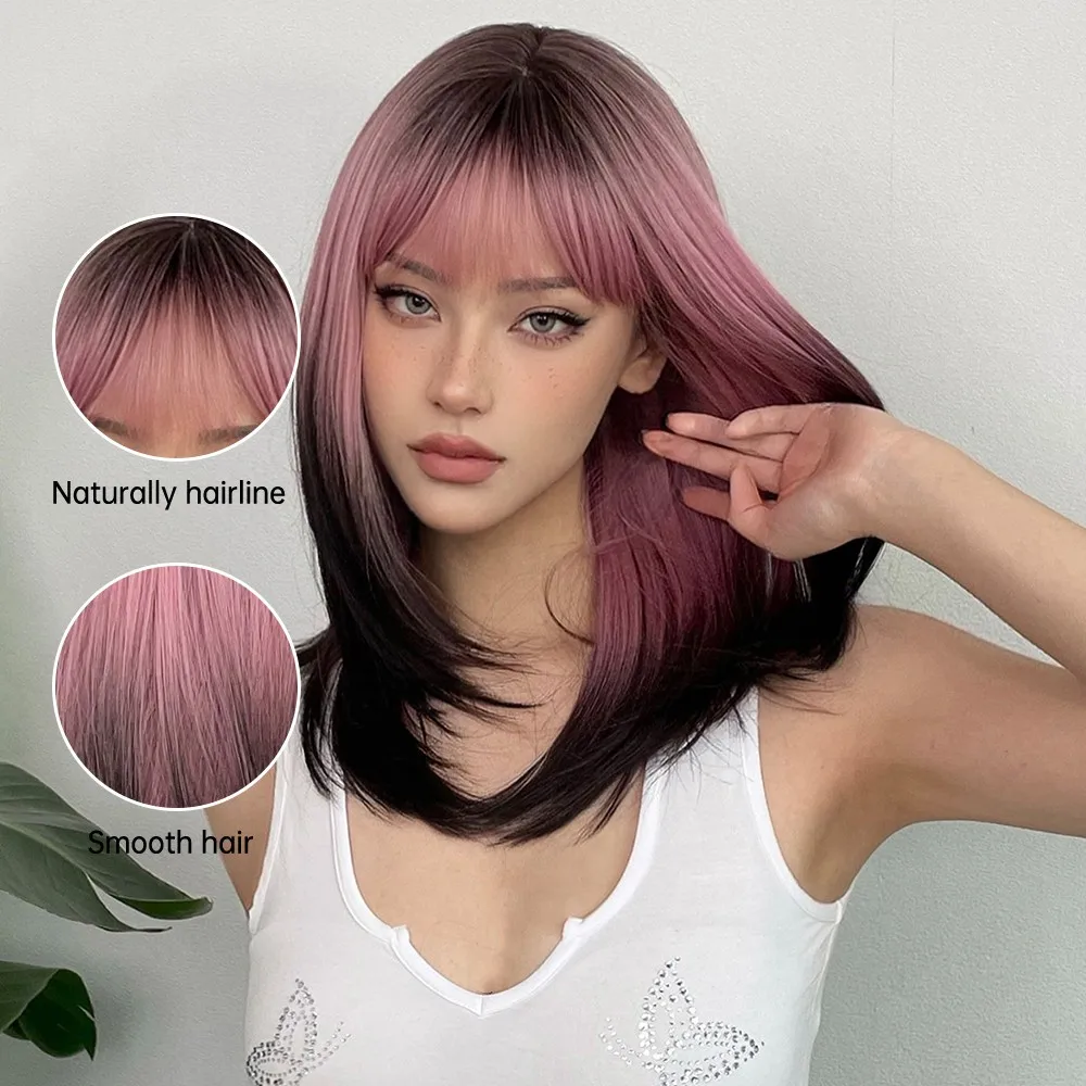 LOUIS FERRE Black Pink Ombre Perucas sintéticas para Cosplay Perucas longas em camadas retas com franja para mulheres cabelo falso resistente ao calor