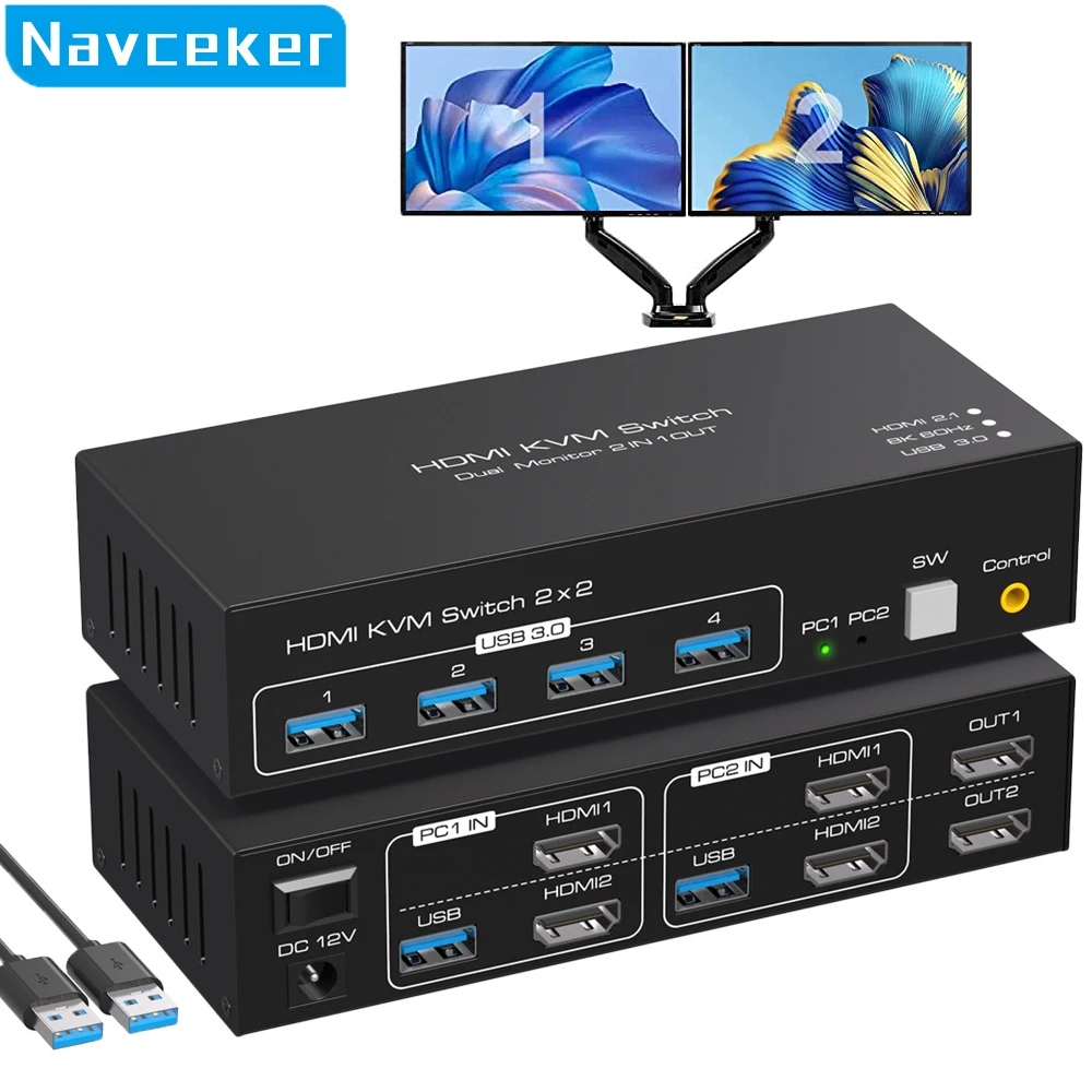 Navceker HDMI-compatible KVM Switch 8K 60Hz 2 Port Dual 2