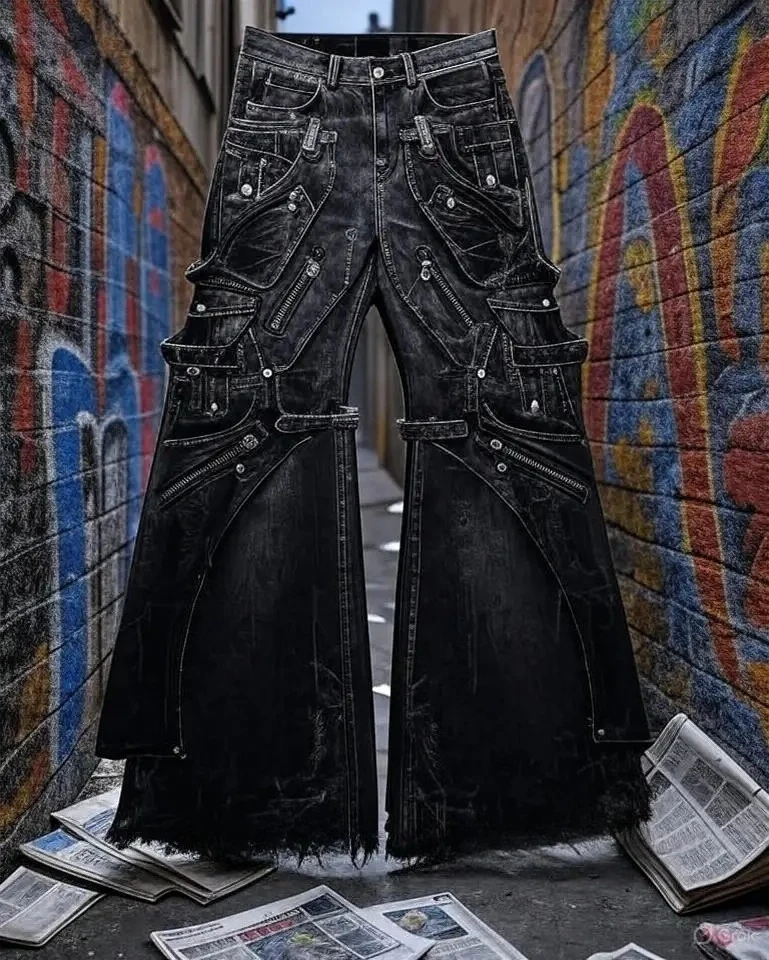 Streetwear goth punk multi-bolso carga jeans masculino preto angustiado queimado calças jeans com alças zíperes pregos bordas desgastadas