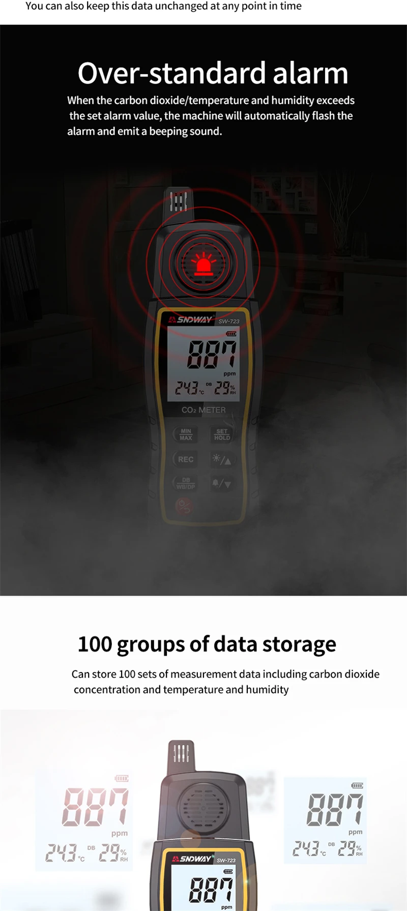 SNDWAY SW-723 Gas Detector Carbon Dioxide CO2 Monitor Alarm 9999 PPM Sensor Prof
