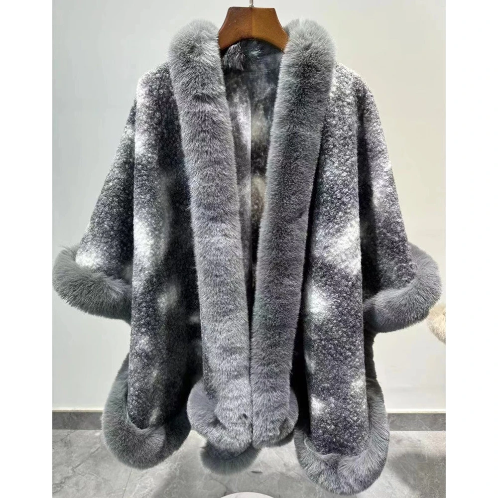 Description Picture 5 of item5 Colors Winter Women Long Faux Fur Collar Tie-dyed Lamb Velvet Poncho Cape Thick Cardigan Overcoat Loose Shawl Printed Cloak