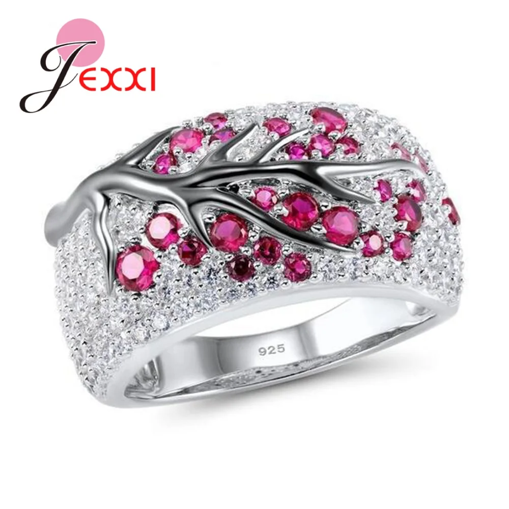 Solid 925 Silver Color Austrian Crystal Finger Rings Colorful Tree Original Design Men Women Couple Jewelry