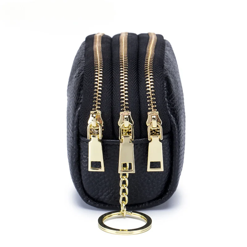 Luxury Leather Keychain Wallet with 3 Zippers Compact Coin Purse for Women Men RFID Blocking Travel Essentials Cash Card Holder