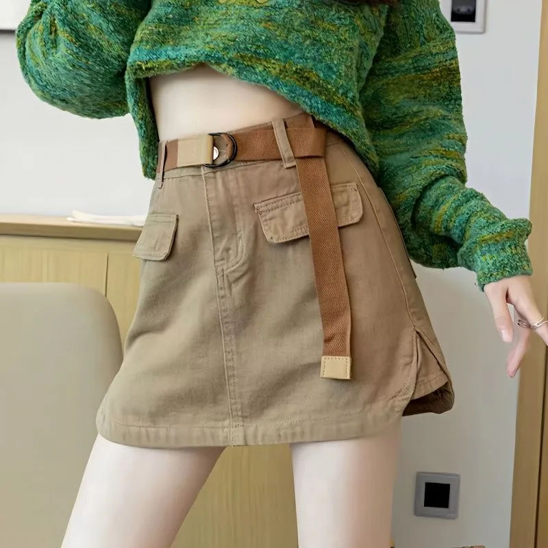 

Women's Short Dress Summer New Khaki Retro High-waisted Denim Cotton Miniskirts Female Anti-emptied A-line Package Hip Dresses