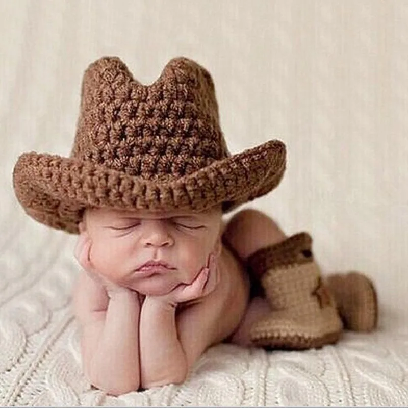 Newborn Photography Props Baby Photo Knitting Clothing Hat Set Baby Cowboy Hat Apricot / Coffee Side Accessories Newborn0-6
