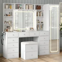 Vanity Desk with Full Length Mirror, LED Makeup Mirror, 14 Drawers & 10 Shelves, Dimmable Lighting, Power Outlet for Bedroom 2