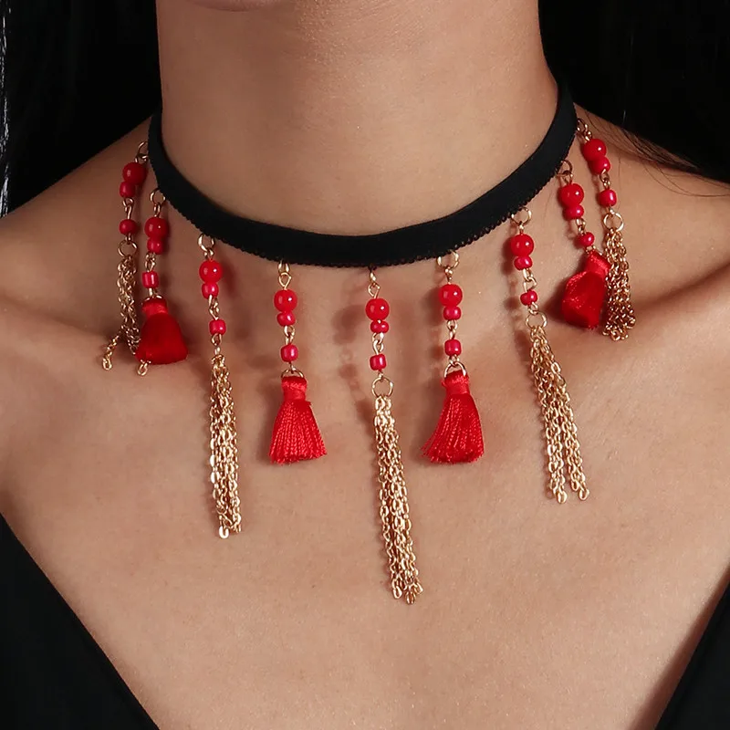 Aihua Gotische Viktorianische Schwarz-Rote Spitzenkette für Damen und Mädchen, Boho Kristall-Quasten Sexy Spitzen-Choker, Steampunk Dark Loli Stil Schmuck