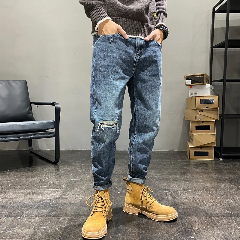 

American Casual Blue Jeans Men Korean Fashion Hole Patch Ripped Straight Cotton Denim Pants Autumn Daddy Trousers