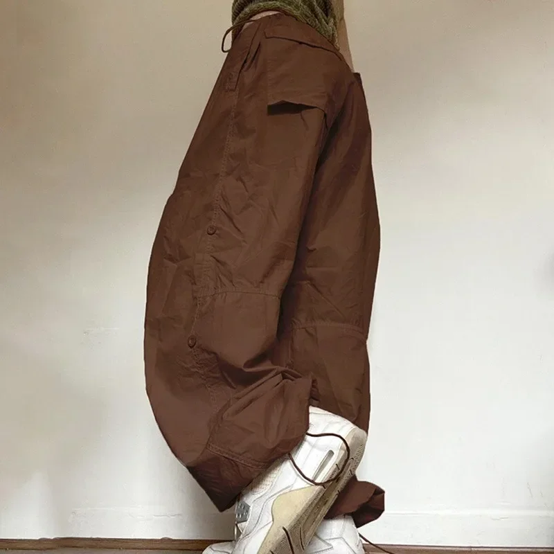 Women Casual Joggers Tech Pants Oversized Solid Low Waist Drawstring Baggy Trousers Y2K Fashion Wide Leg Cargo Pants Streetwear