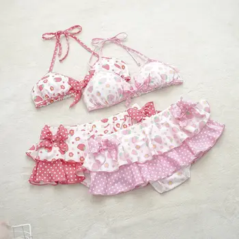 2026 Y2k Summer Cute Pink Sweet Patchwork Sets Cute Bow Design Sexy Lace-up Style Casual Bikini Swimsuit Beach Vaction Clothes 1