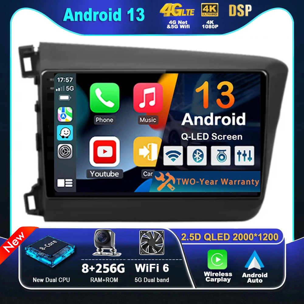 

9-дюймовый автомобильный радиоприемник Android 13 для Honda Civic 2012 2013 2014 2015 CarPlay мультимедийный видеоплеер DSP GPS навигация Авторадио BT