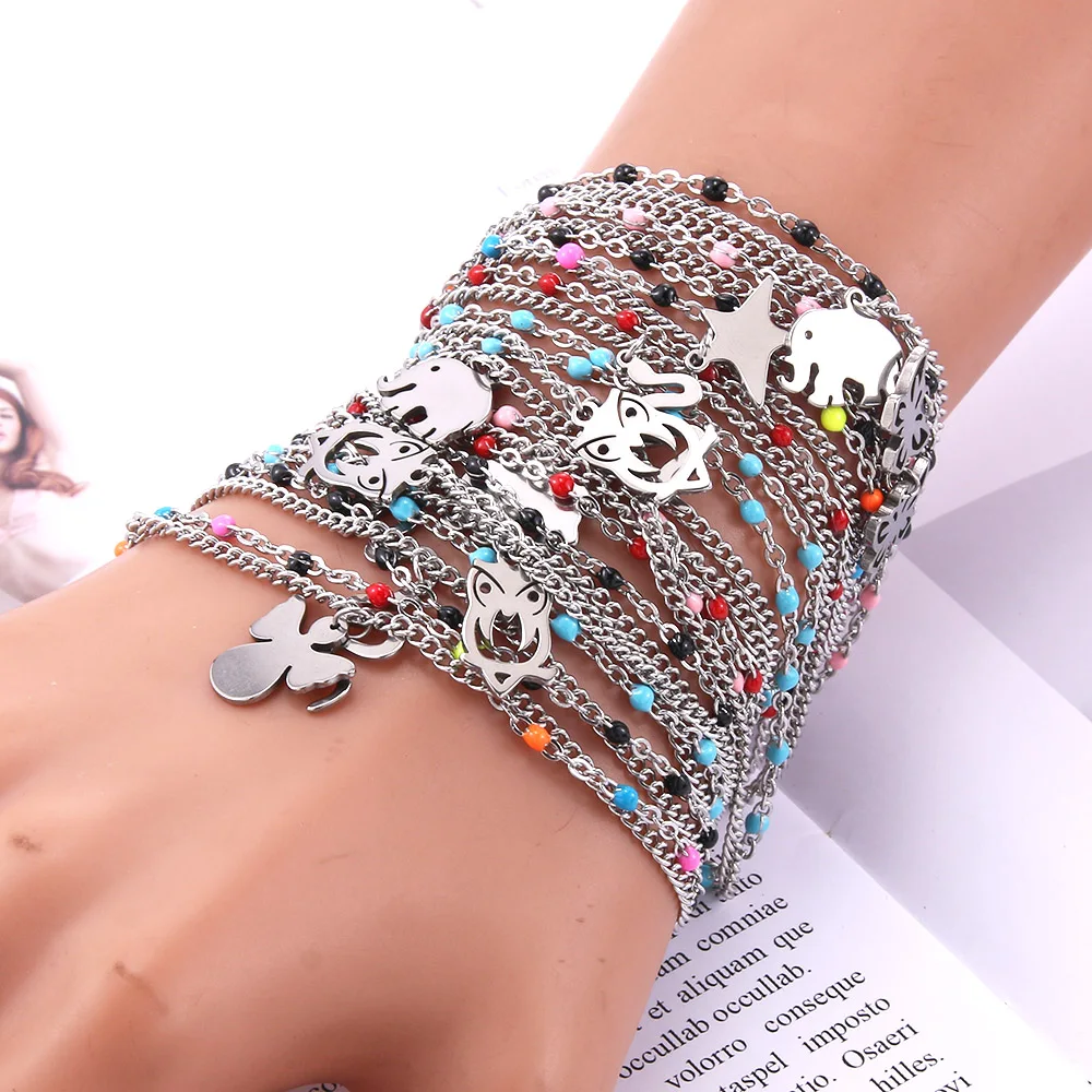 10Pcs/Lot Mixed Fashion Pearl Women Stainless Steel Bracelets High Quality Party Gift Cute Charm Bracelets Jewelry Wholesale