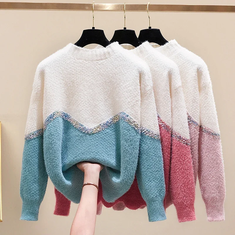

Patchwork Women's Sweaters Loose Autumn/Winter Pullover Casual Clothing Long Sleeve O-Neck Cashmere Knitwear Jumpers