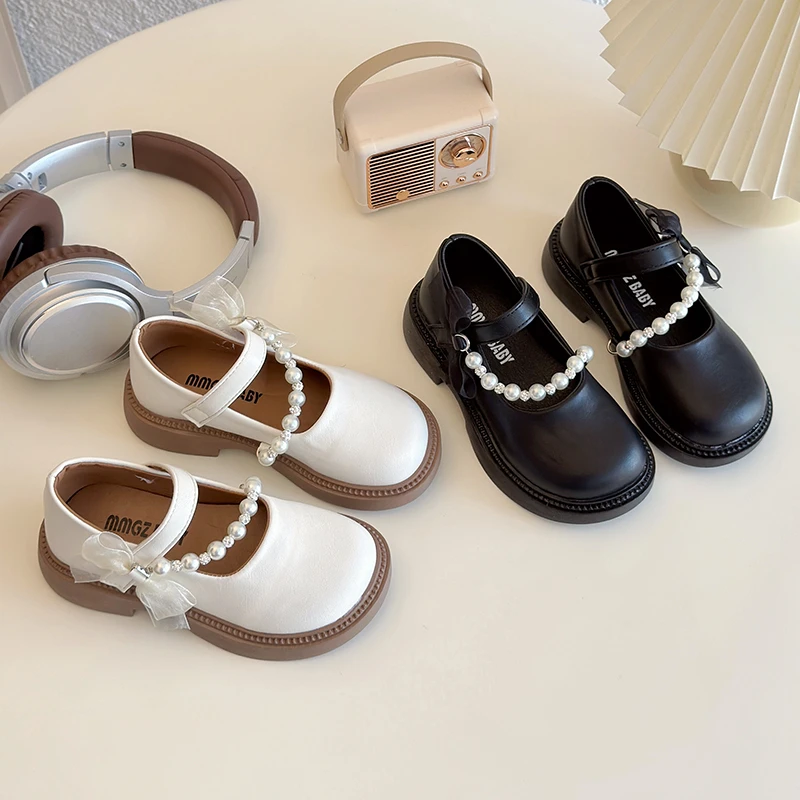 Girl's Leather Shoes Pearl Chain Ribbon Solid Color Elegant Kids Mary Janes Hook-loop Spring Black Beige Children Shoe