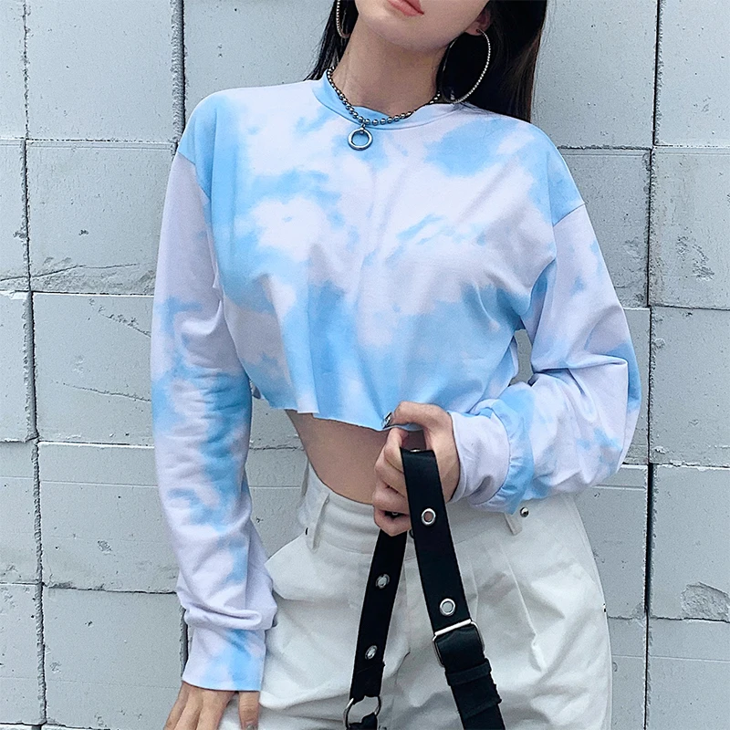2024 New O-Neck Long Sleeve Pullovers Tracksuit Clothes Tie Dye Harajuku Oversized Sweat Crop Top Women Short Sweetshirts