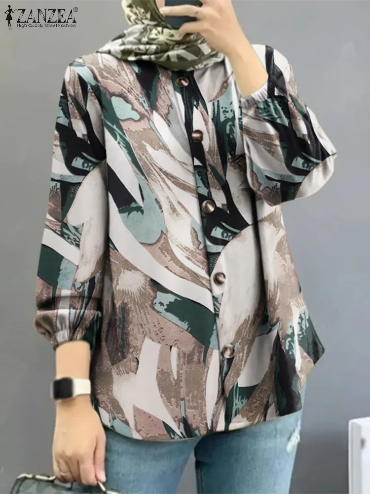 

ZANZEA Muslim Fashion Long Sleeve Shirt Dubai Turkey Blouse Ramadan Abaya Women Vintage Printed Tops Female Button Blusas Kaftan