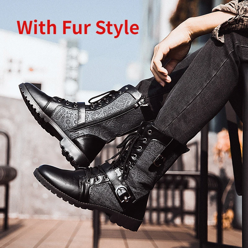 thumbnail image 1 of Botas de invierno a media pantorrilla con punta estrecha para hombre, botas Chelsea con correa y hebilla, botas de cuero para motocicleta, zapato de invierno para hombre de caña alta, 1 of 5