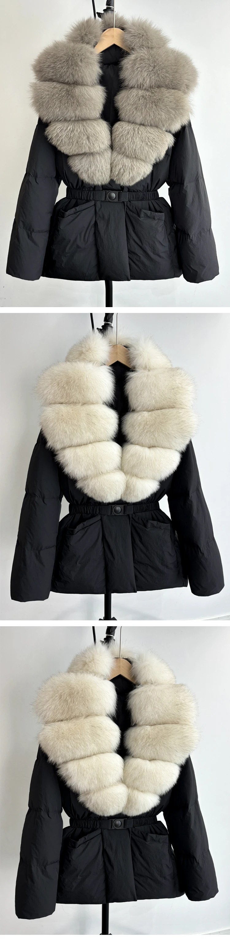 2025 Newest Winter Real Natural Huge Fox Fur Puffer Jacket Women Thicken Warm Belted 90% White Duck Down Coat Waterproof Parka