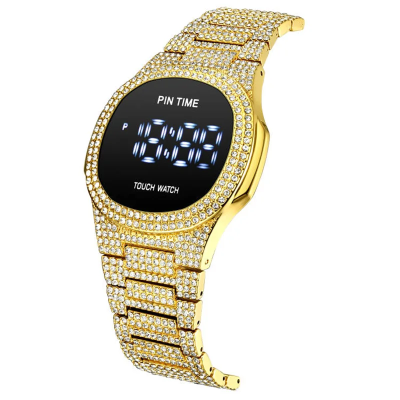PINTIME Men Watch Digite Wristwatch LED Display Dial Waterproof Stainless Steel Strap Luxury Diamond Montre Homme Relogio  Gold
