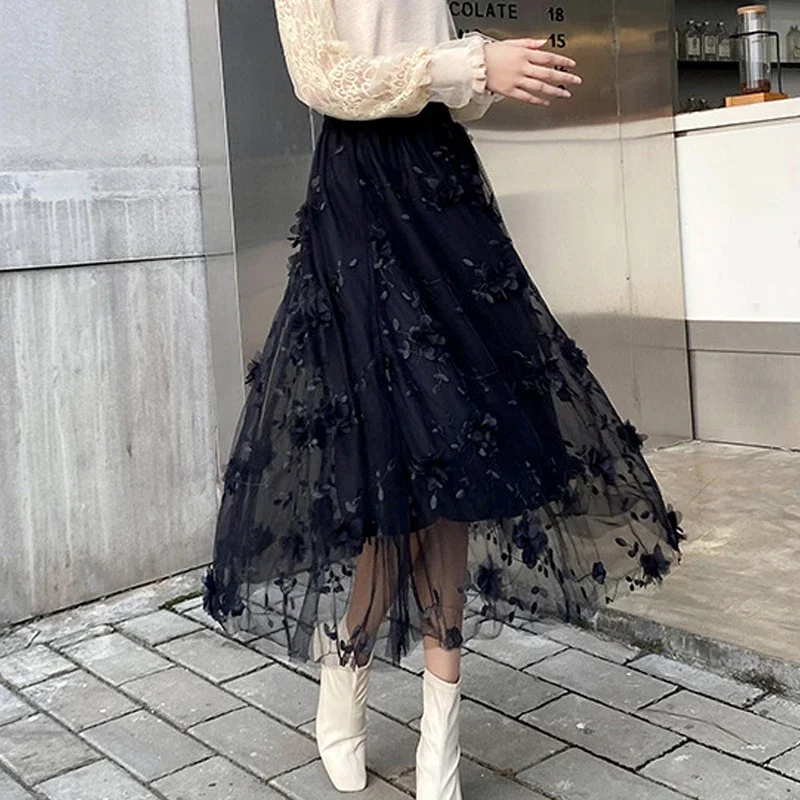 

Moonbiffy Luxury Woman Skirt Korean Fashion Elastic Waist Embroidery Floral Lace Mesh Skirt Long Gauze Ball Gown Skirts Faldas