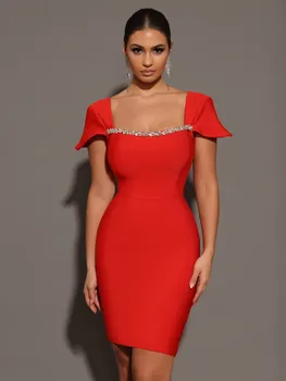 Women Celebrity Sexy Square Collar Black Red Mini Bodycon Bandage Dress 2024 Knitted Elegant Evening Club Party Outfit 3