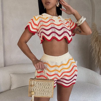 Women Wave Print 2 Piece Set Colorful Knit Stretch Thin Button Crop Tops+Shorts Matching Tracksuit Streetwear Outfits 1