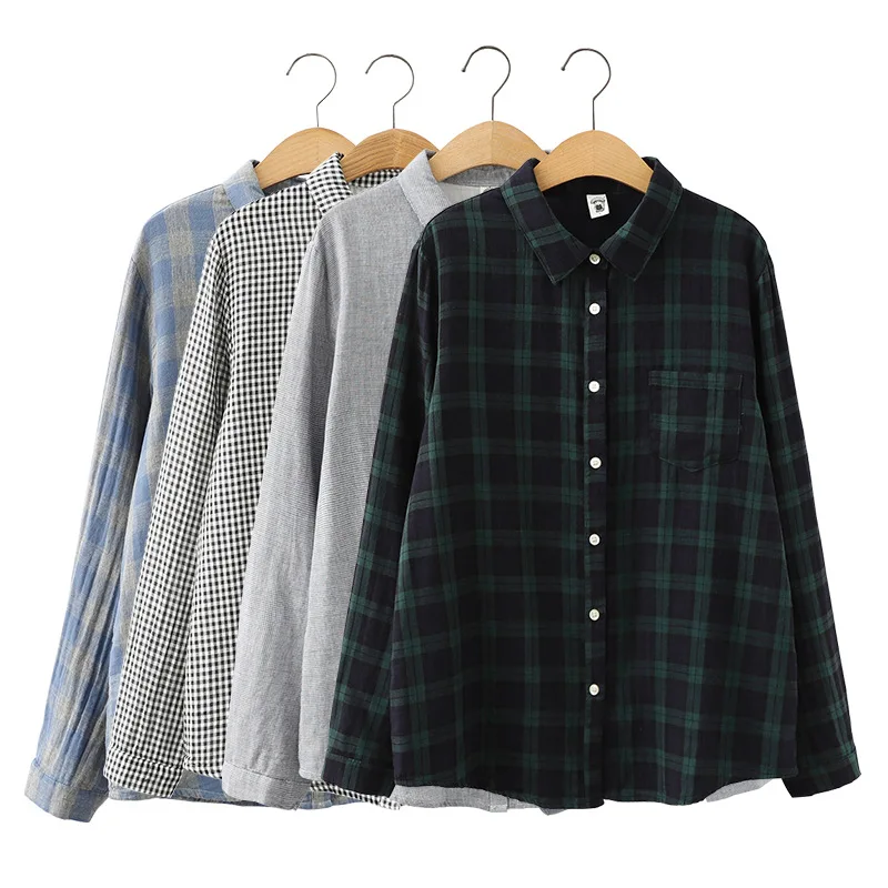 

2021 New Fine Cotton Women's Shirt Tops Fresh Vintage Lady Casual Long Sleeve Plaid Shirt Women Blouses Clothes