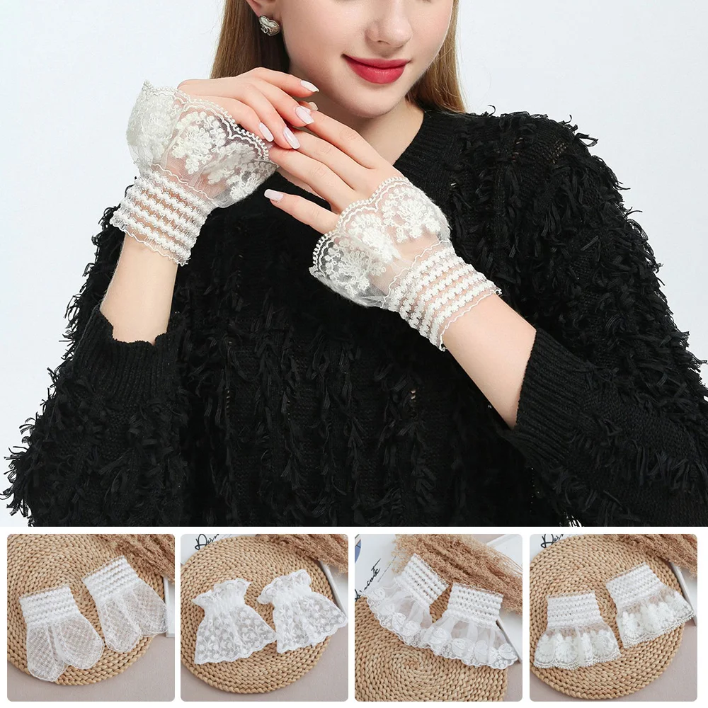 

2023 Women Detachable Sleeve Fake Cuffs Female Lace Thin Pleated Flare Sleeve False Cuffs Ruffles Wristband Decorative Accessory