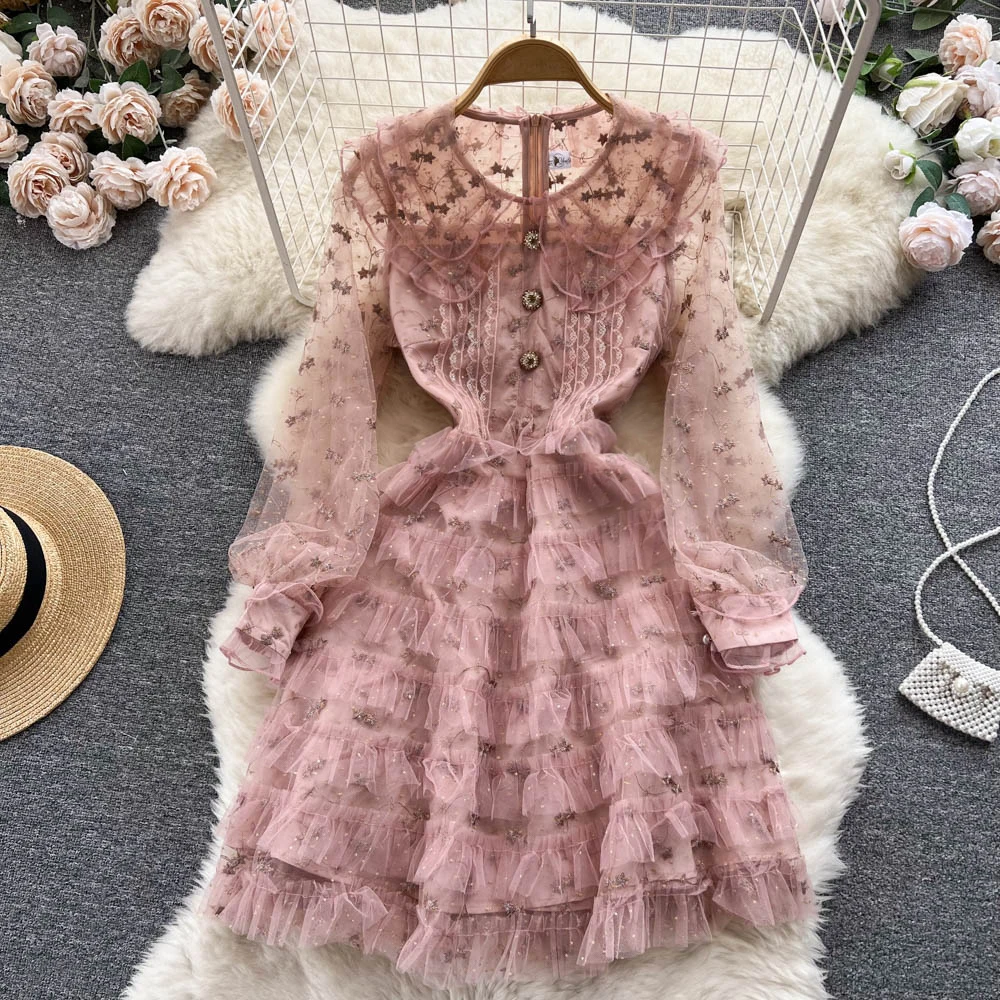 

Mesh Round Collar Dress Autumn Women's Waist Slim Cake Princess Dress