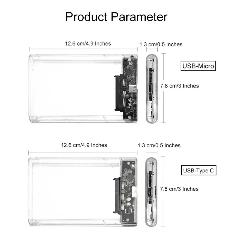 Transparent USB 3.0 External Hard Drive Enclosure - 2.5 Inch SATA HDD/SSD Storage Case