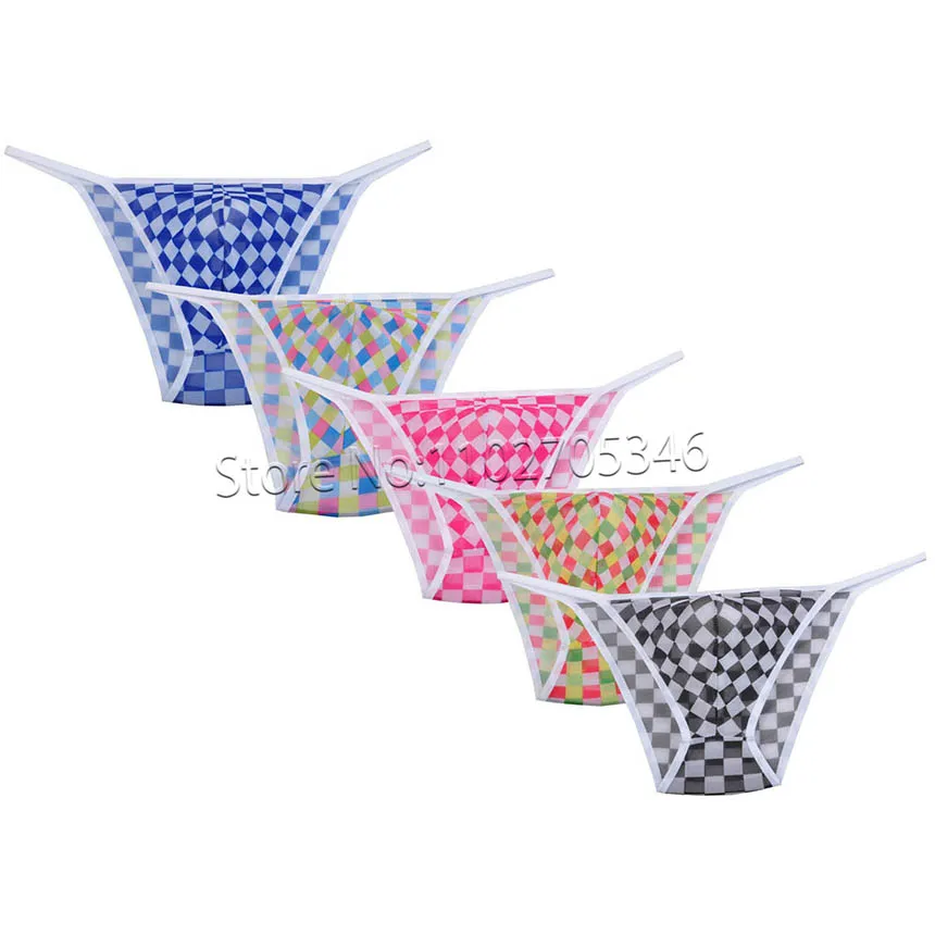 

Men's Bikini Brief Mesh Plaid Mini Pants Bulge Pouch Rope Briefs Transparent Lingerie Mens Fishnet Underpants