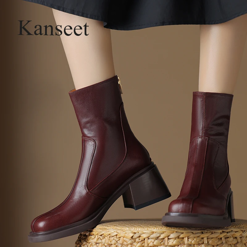 

Kanseet Autumn Winter Short Boots For Women Fashion Square Toe High Quality Genuine Leather Shoes Zip High Heels Ankle Boots 40