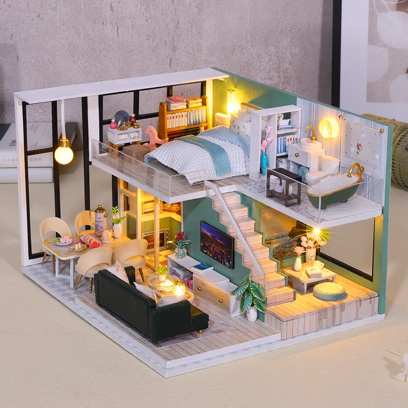 木製ドールハウス手作りデュプレックスアパート生産 3D パズル