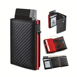 Men's RFID Blocking Minimalist Wallet with Zippered Coin Purse and Automatic Pop - up Card Holder (Red)