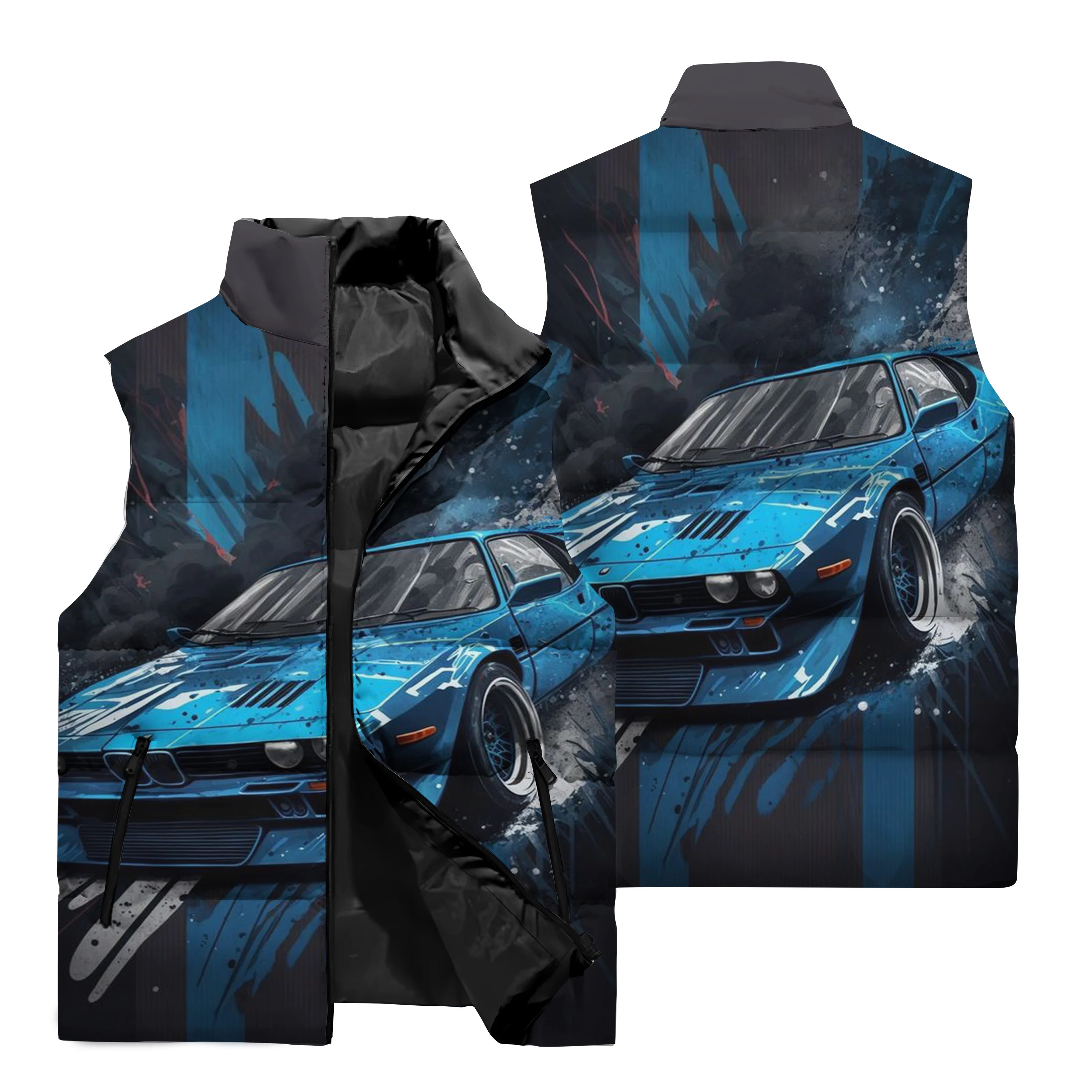 thumbnail image 1 of Chaleco cálido resistente al viento con cuello alto y cremallera con estampado de coche deportivo clásico en 3D para hombre, para viajes al aire libre en la calle, pelea de bolas de nieve, 1 of 5