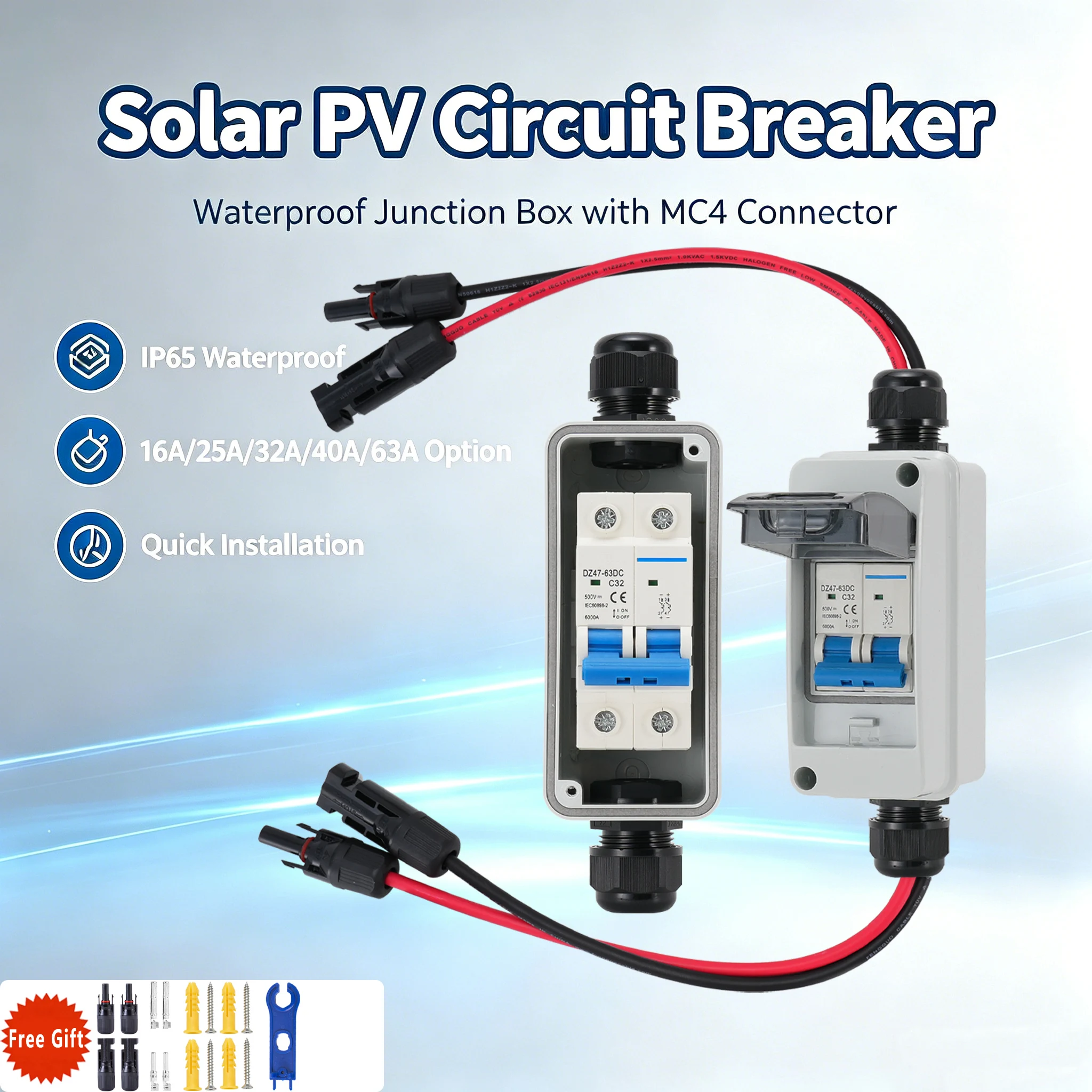 Everything Is Solar IP65 Waterproof PV DC Circuit Breaker Box With Connector 16-63A Solar Panel Disconnect Switch - Image 1